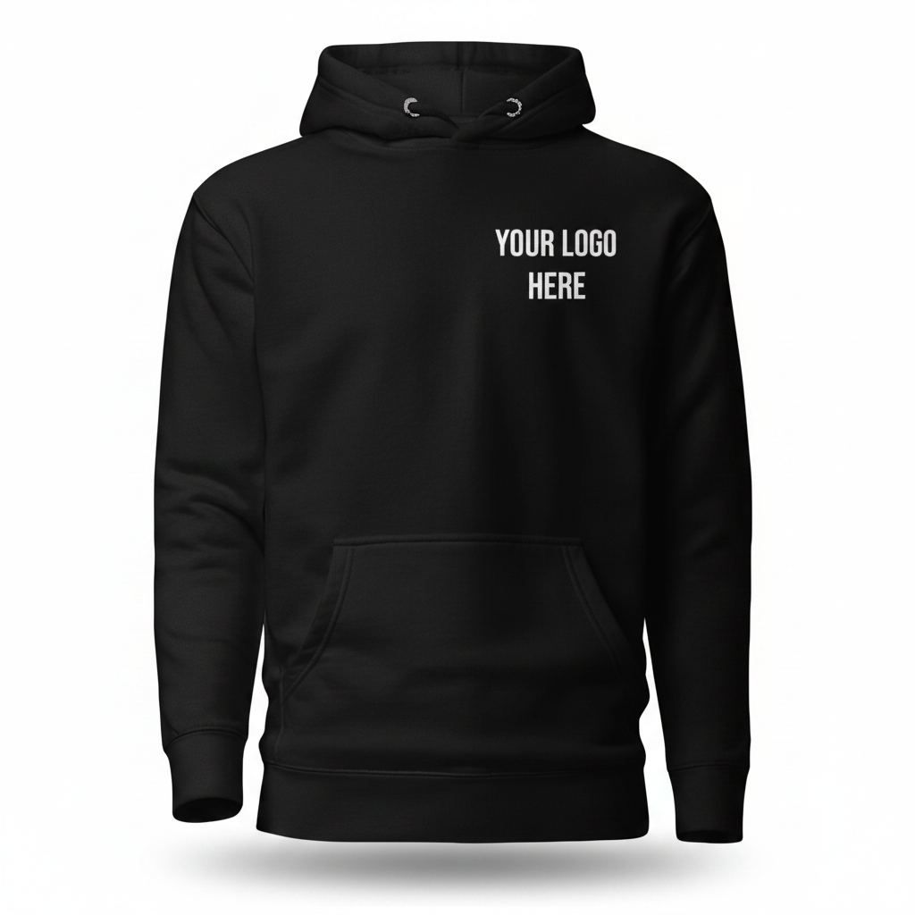Black hoodie with 'your logo here.' text on a white background