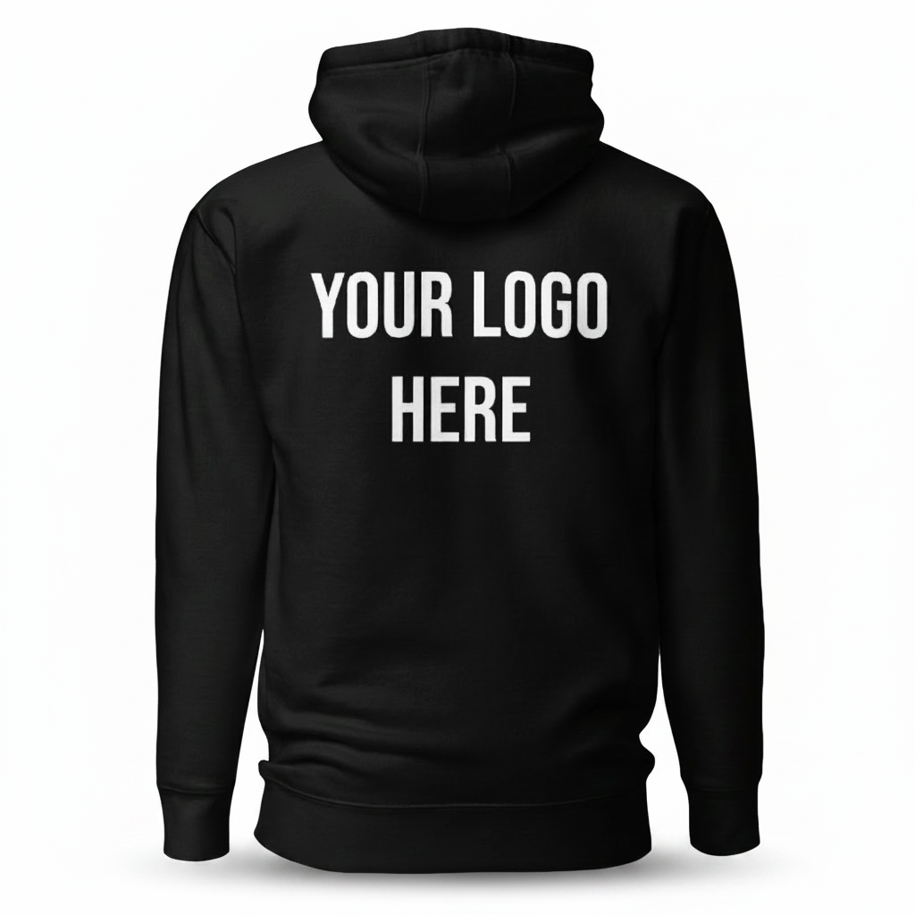 A black pullover hoodie shown from the back, featuring the words 'YOUR LOGO HERE' printed in bold white capital letters across the upper back, set against a plain white background.